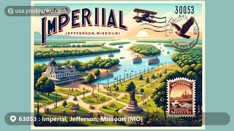 Modern illustration of Imperial, Jefferson, Missouri, reflecting its natural beauty, recreational opportunities, and community spirit, featuring the Mississippi River and Mastodon State Historic Site.