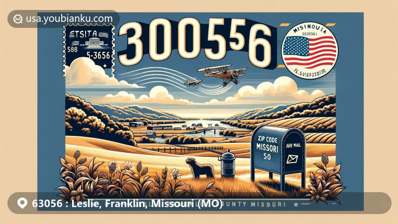 Modern illustration of Leslie, Franklin County, Missouri, highlighting postal theme with ZIP code 63056, featuring scenic view along US Route 50 and state flag of Missouri.