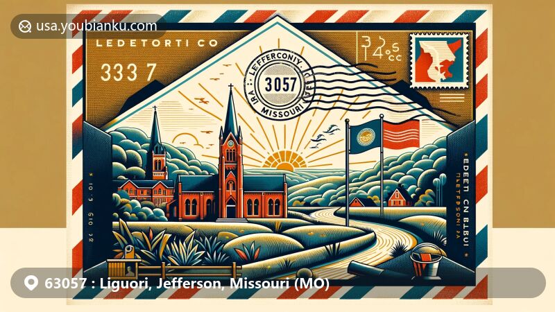 Modern representation of Liguori, Jefferson County, Missouri, highlighting postal theme with ZIP code 63057, featuring Redemptorist Fathers and Brothers, Redemptoristine nuns, scenic beauty, Missouri state flag, and traditional postal elements.