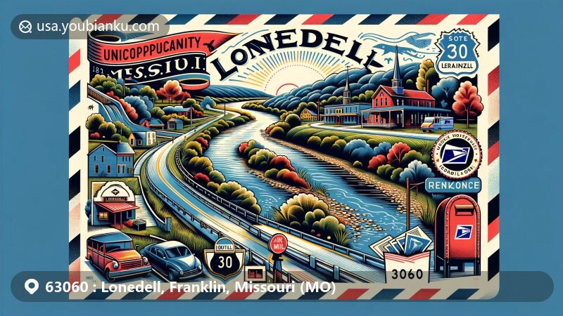 Modern illustration of Lonedell, Franklin County, Missouri, featuring the Little Meramec River, local post office, Route 30, and Missouri state flag, with postal symbols like stamps, a postal mark with ZIP code 63060, and a red mailbox.