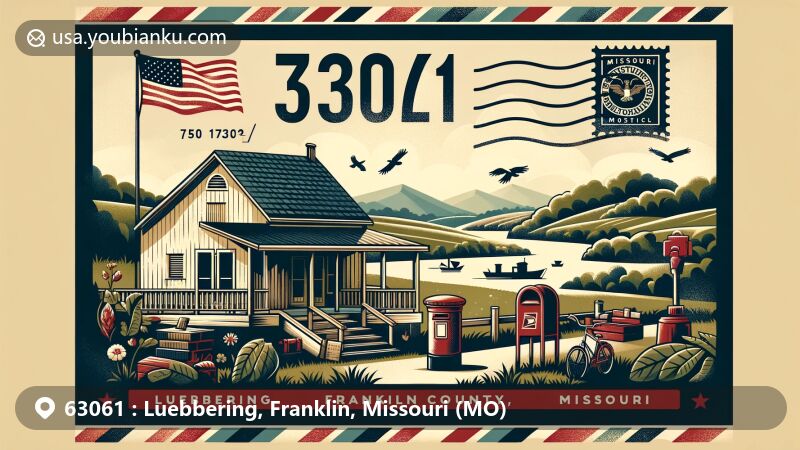 Modern illustration of Luebbering, Franklin County, Missouri, highlighting rural town charm with rolling hills, countryside views, and friendly community vibe, featuring postal elements like old-fashioned post office and red postal box, hinting at outdoor activities like fishing, camping, hiking, and cycling, subtly incorporating Missouri state flag in the background within a vintage postcard silhouette.
