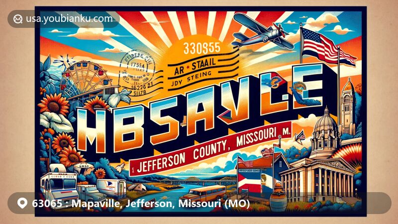Modern illustration of Mapaville, Jefferson County, Missouri, highlighting ZIP code 63065 with vintage postcard design, Missouri state symbols, and Jefferson City landmarks.