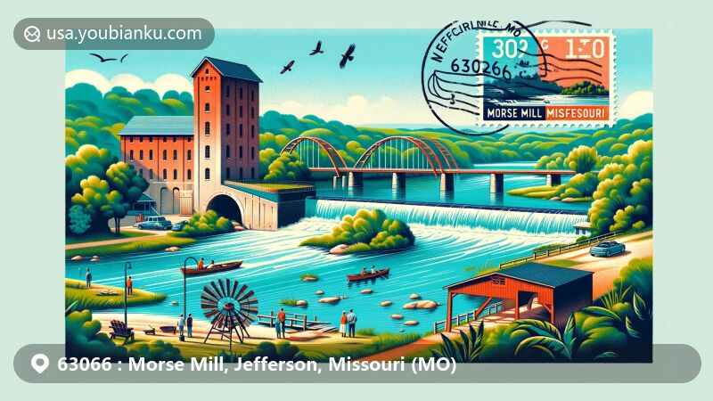 Vibrant illustration of Morse Mill, Jefferson County, Missouri, highlighting Morse Mill Park, Big River, and historic gristmill ruins, with postal elements like vintage stamps and postal marks showcasing ZIP code 63066.