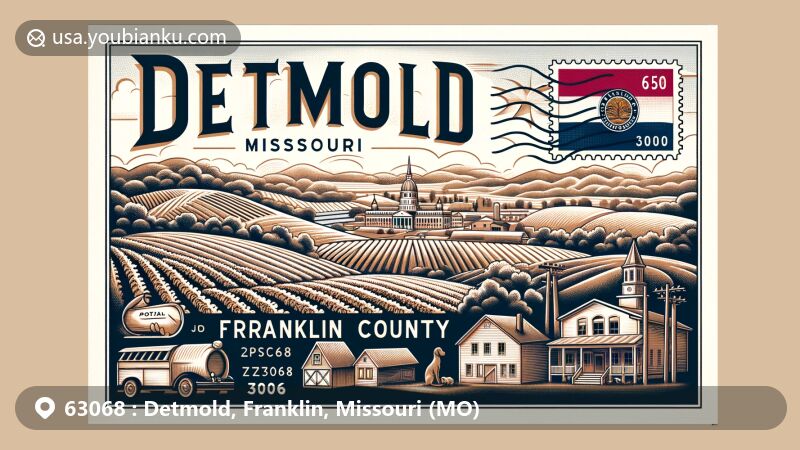 Modern illustration of Detmold, Franklin County, Missouri, embodying local charm and postal themes with Missouri state flag, iconic landmarks, and ZIP code 63068, blending state identity with historical and natural beauty.