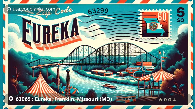 Modern illustration of Eureka, Franklin County, Missouri, capturing the essence of ZIP code 63069 with Six Flags St. Louis, Missouri state flag, Franklin County map, vintage postage stamp, and postal mark.