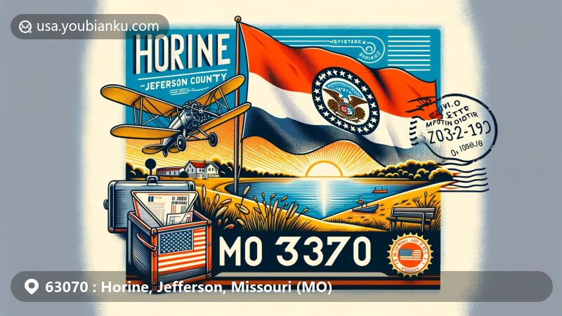 Modern illustration of Horine, Jefferson County, Missouri, depicting postal elements and state symbols like the Missouri flag, inspired by the Mississippi River.