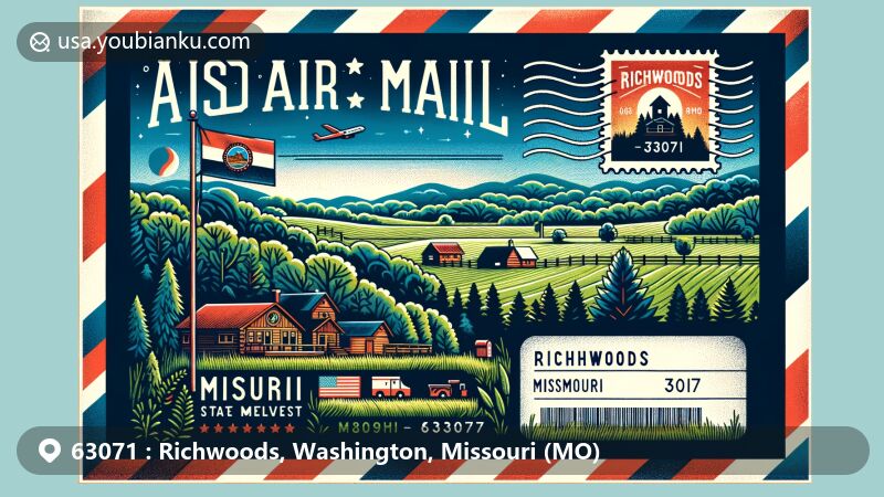 Modern illustration of Richwoods, Missouri, showcasing postal theme with ZIP code 63071, featuring rural Missouri scenery with green fields, forests, and silhouette of cabins. Includes Missouri state flag and postmark with postal service symbols.