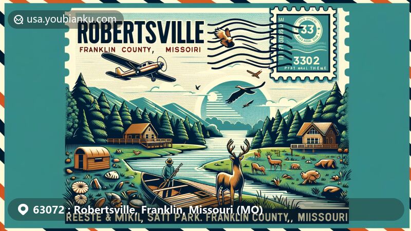 Creative illustration of Robertsville, Franklin County, Missouri, celebrating ZIP code 63072 with a postal theme, featuring Robertsville State Park with diverse recreational activities and Meramec River wildlife.