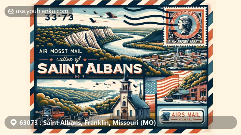 Modern illustration of Saint Albans, Franklin County, Missouri, resembling an airmail envelope with a vintage stamp and postal elements, featuring Tavern Cave and the Missouri River bluffs.