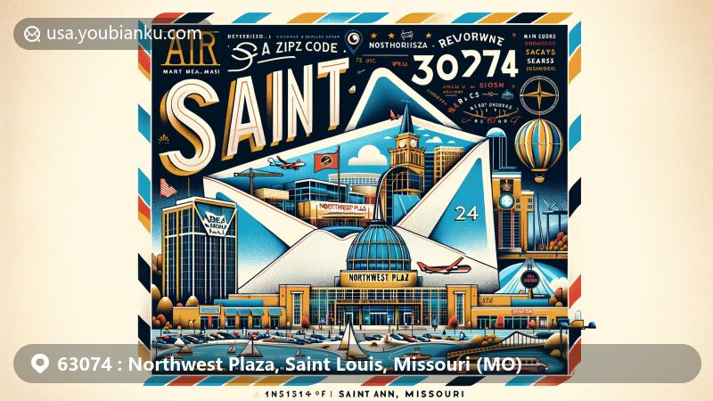 Modern illustration of Northwest Plaza area in Saint Ann, Missouri, featuring creative postal theme with key landmarks and elements, highlighting the evolution from bustling shopping center to mixed-use redevelopment. Includes symbols of Saint Ann, original mall structure, major anchor stores like Macy's and Sears, as well as nods to its transformation. Background integrates Missouri state flag and St. Louis landmarks like Union Station, suggesting broader geographical and cultural context.