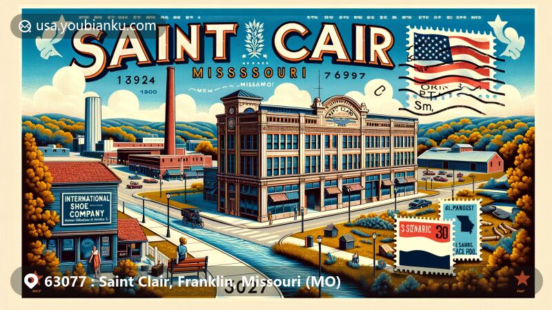 Creative illustration of Saint Clair, Missouri, blending historical landmarks with postal motifs, featuring International Shoe Company Building and Panhorst Feed Store, vintage postcard layout with '63077' ZIP code.