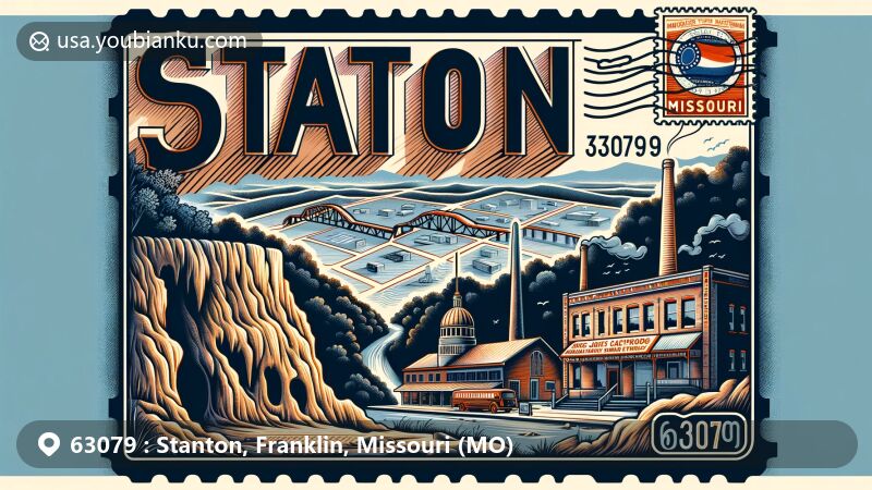 Creative illustration of Stanton, Missouri, with postal theme showcasing ZIP code 63079, featuring Meramec Caverns and Jesse James Wax Museum.