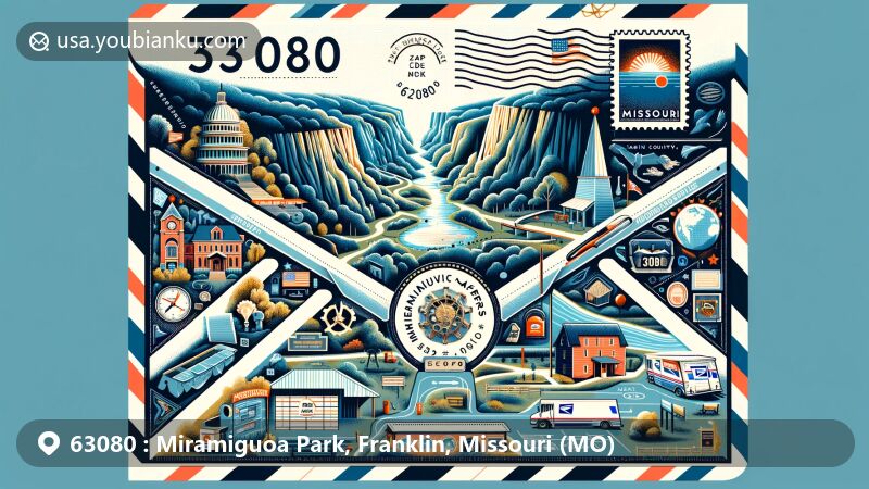 Modern illustration of Miramiguoa Park, Franklin County, Missouri, featuring Meramec Caverns and Missouri state symbols, presented as an aerial envelope with postal theme and ZIP code 63080.