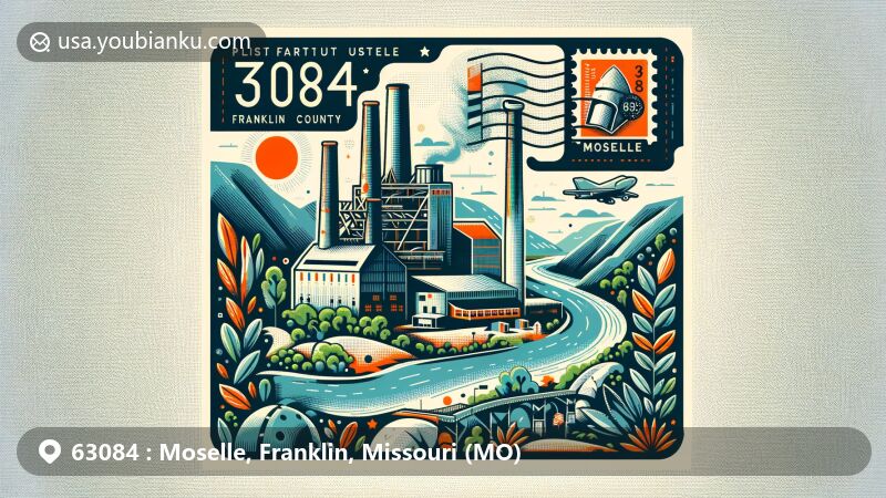 Modern illustration of Moselle, Franklin County, Missouri, featuring postal theme with ZIP code 63084, showcasing Moselle Iron Furnace Stack, a National Register of Historic Places landmark, and the surrounding natural beauty near Meramec River.