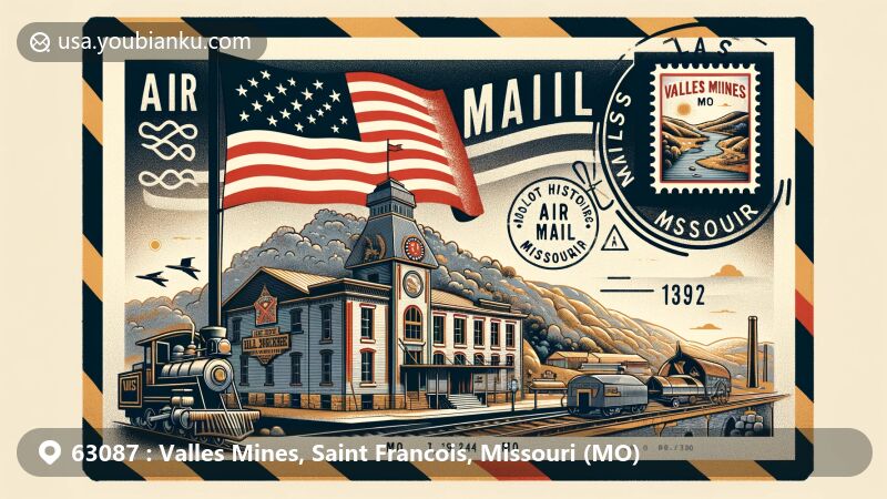 Modern illustration of Valles Mines, Missouri, showcasing postal theme with ZIP code 63087, featuring state flag and Lost History Museum.