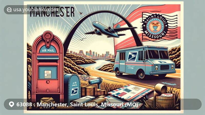 Modern illustration of Manchester and Saint Louis in Missouri, with postal theme and iconic Gateway Arch, showcasing Missouri state flag and natural landscapes.