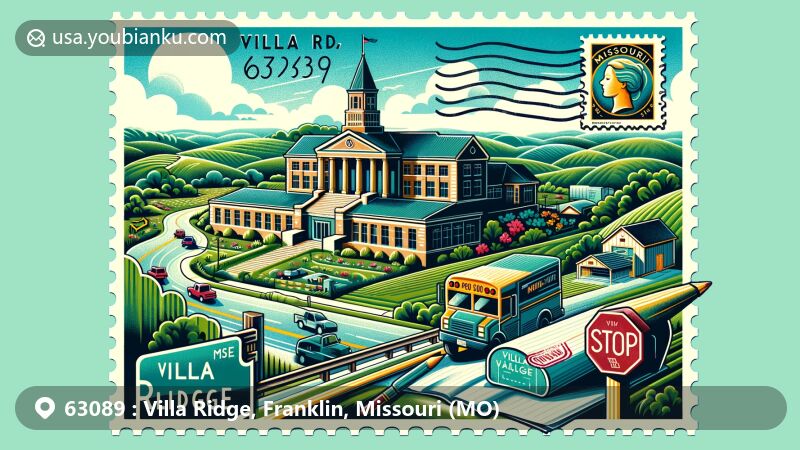 Modern illustration of Villa Ridge, Missouri, blending postal elements with scenery of Missouri Route 100 and Interstate 44, featuring Meramec Valley R-III School District, Franklin County landscape, and ZIP Code 63089.