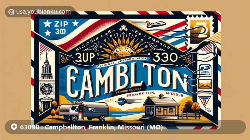 Modern illustration of Campbellton area in Franklin County, Missouri, featuring postal theme with ZIP code 63090, incorporating state emblem and local landmarks into an airmail envelope design.
