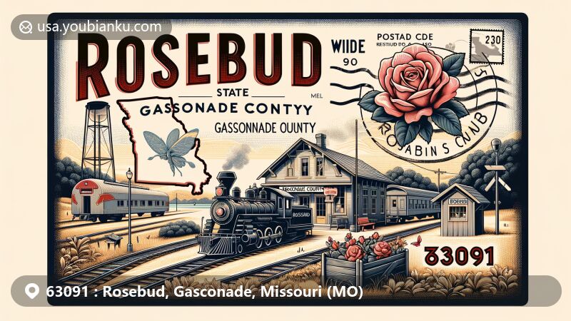 Modern illustration of Rosebud, Gasconade County, Missouri, with vintage postcard design showcasing Missouri state silhouette and Gasconade County highlighted. Includes Rock Island Railroad imagery like vintage train and railroad tracks, blooming rose bush at railroad depot, postmark, postal stamp with ZIP code 63091, and old-fashioned mailbox. Focuses on key elements for clear representation.