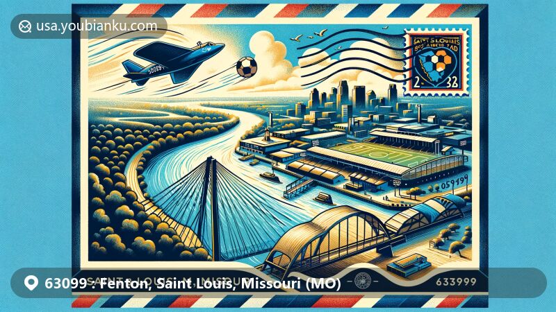 Vibrant illustration of Fenton, Missouri, with ZIP code 63099, featuring a postal-themed design set against the Meramec River, showcasing the Saint Louis Soccer Park and the Missouri state flag.
