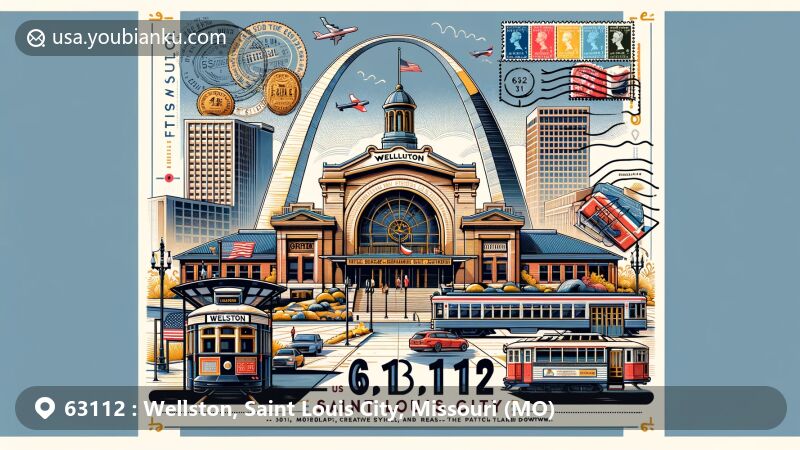 Modern illustration of Wellston area in Saint Louis City, Missouri, highlighting Wellston Loop Pavilion, historic streetcar and bus station, and Gateway Arch, with postal elements like vintage airmail envelope, stamps, and postmark featuring ZIP code 63112.