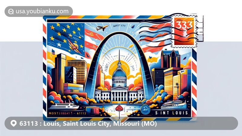 Modern illustration of Saint Louis, Missouri, featuring iconic Gateway Arch and postal elements in a creative airmail envelope design, highlighting ZIP code 63113 and cultural significance of the area.