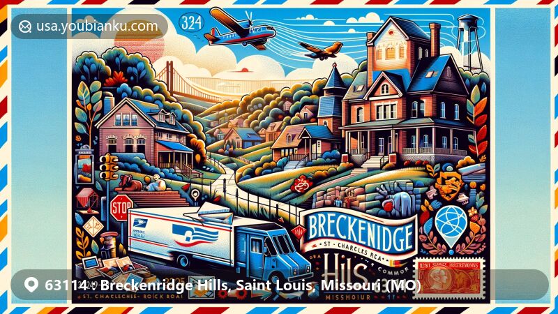 Modern illustration of Breckenridge Hills, Missouri, highlighting ZIP code 63114, featuring local landmarks like St. Charles Rock Road and Ritenour High School, incorporating postal elements such as air mail envelope, vintage postage stamp, and postal truck.