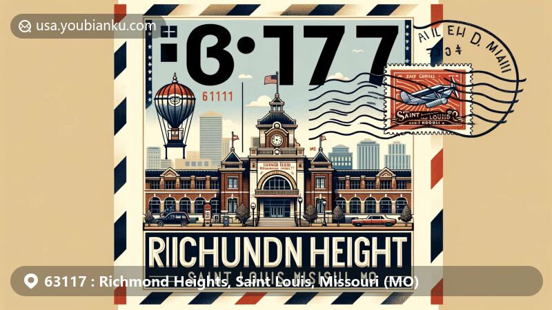 Modern illustration of Richmond Heights, Saint Louis, Missouri, highlighting THE HEIGHTS community center, with Missouri state flag elements and vintage air mail envelope featuring Saint Louis Galleria. Ideal for web use, showcasing ZIP code 63117 and postal theme.