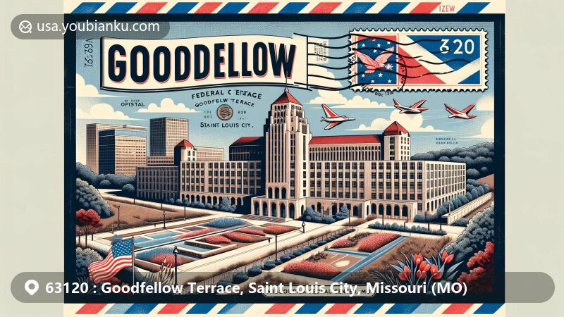 Modern illustration of Goodfellow Terrace, Saint Louis City, Missouri, showcasing postal theme with ZIP code 63120, featuring Goodfellow Federal Center and Missouri state symbols.