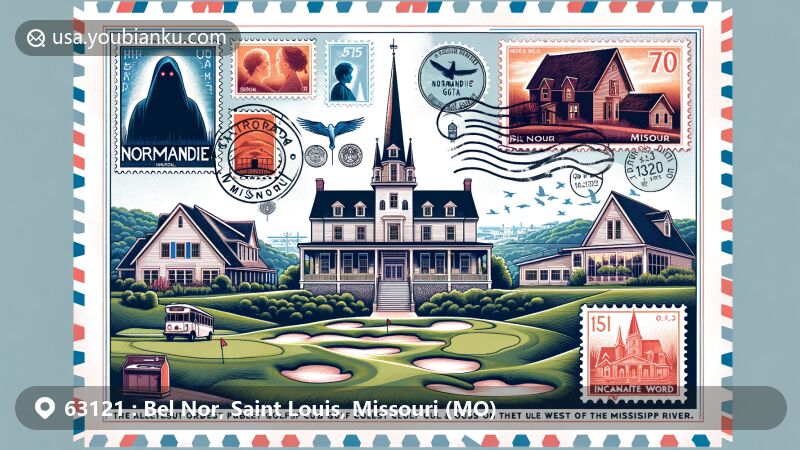 Modern illustration of Bel Nor, Missouri, showcasing iconic landmarks like Normandie Golf Club and the house from 'The Exorcist', along with Incarnate Word Academy, all tied together with postal motifs and ZIP Code 63121.