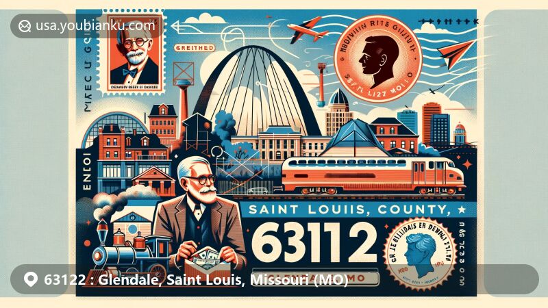 Modern illustration of Glendale, Saint Louis County, Missouri, showcasing residential character and community vibe, incorporating city's history and notable residents like Nobel Prize winners Gerty and Carl Ferdinand Cori, hinting at their contributions to science, featuring iconic St. Louis landmarks.