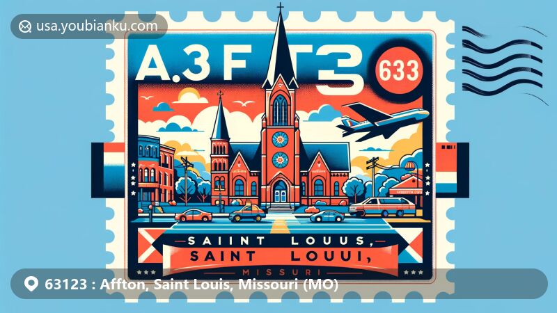 Modern illustration of Affton, Saint Louis County, Missouri, with ZIP code 63123, showcasing postal theme featuring Affton Christian Church and Missouri state flag.
