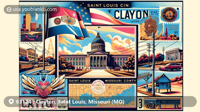 Modern illustration of Clayton, Saint Louis County, Missouri, featuring Saint Louis Art Museum and Missouri state flag with ZIP code 63124, incorporating Saint Louis County map silhouette and postal elements.