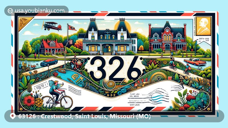 Modern illustration of Crestwood, Saint Louis County, Missouri, featuring Thomas Sappington House Museum and local culture, enclosed in an airmail envelope with Missouri motifs.
