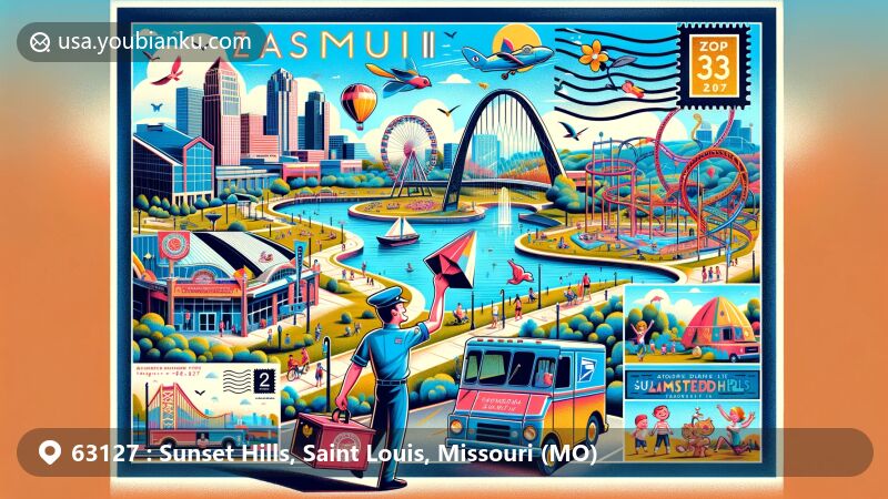 Vibrant and family-friendly community in Sunset Hills, Saint Louis County, Missouri with postal-themed modern illustration showcasing ZIP code 63127, featuring Laumeier Sculpture Park, Urban Air trampoline park, and festive mailbox full of colorful letters and postcards.