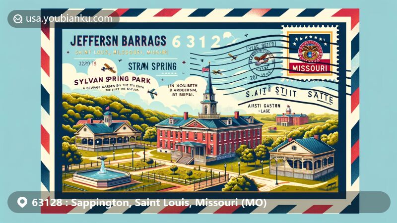 Modern illustration of Sappington, Saint Louis, Missouri, showcasing postal theme with ZIP code 63128, featuring Jefferson Barracks Historic Site and Sylvan Spring Park.