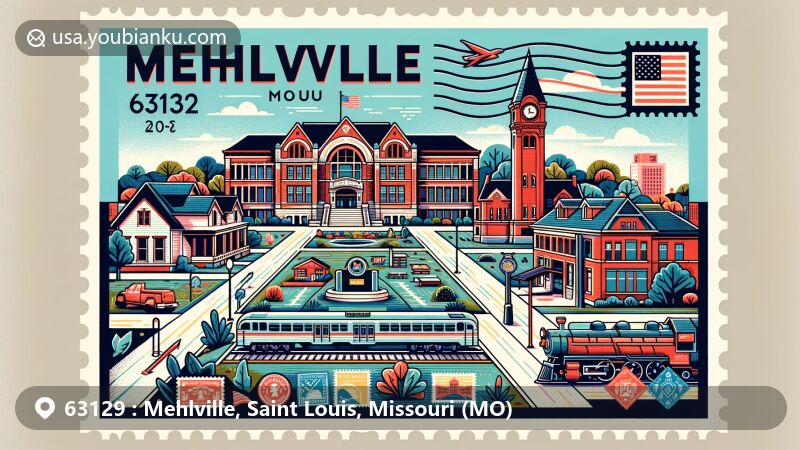 Modern illustration of Mehlville area in Saint Louis County, Missouri, depicted as a postcard with Mehlville High School representing education, St. Louis Union Station for cultural heritage, residential setting, and ZIP code 63129.