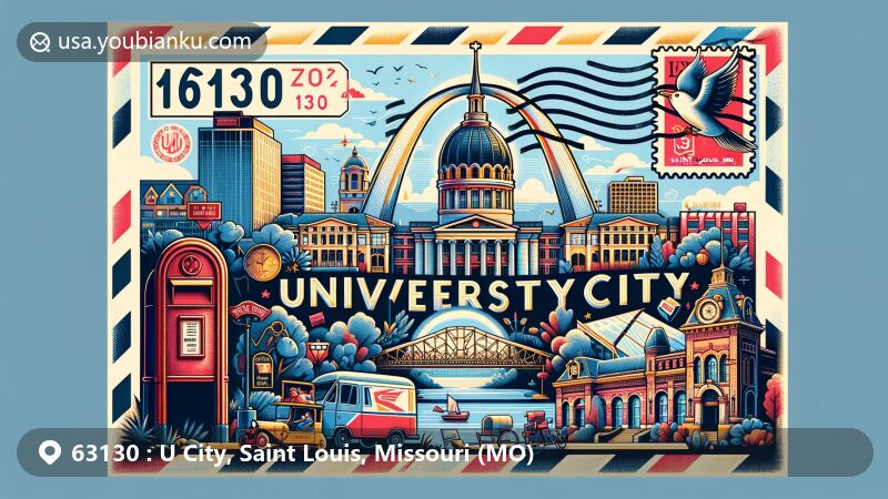 Modern illustration of University City, Saint Louis, Missouri, showcasing postal theme with ZIP code 63130, featuring iconic landmarks like city gates, Delmar Loop, and Washington University campus.