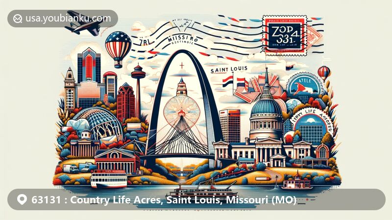 Modern illustration of Saint Louis, Missouri, blending postal elements with iconic landmarks like the Gateway Arch and Eads Bridge, featuring a creative postal theme with ZIP code 63131.
