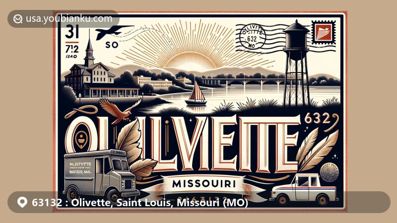 Modern illustration of Olivette, Missouri, showcasing postal theme with ZIP code 63132 and city name Olivette, MO, featuring Stacy Park Water Reservoir and postal symbols.