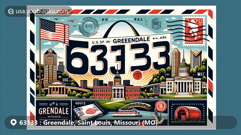 Modern illustration of Greendale, Saint Louis, Missouri, capturing ZIP code 63133, with a dynamic postcard design featuring Saint Louis skyline, Gateway Arch, and Missouri state flag.