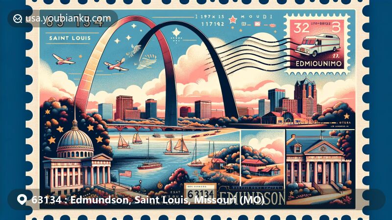 Modern illustration of Edmundson, Saint Louis, Missouri, showing ZIP code 63134, featuring iconic landmarks like the Gateway Arch, Lake of the Ozarks, Scott Joplin House, and Missouri Botanical Gardens.
