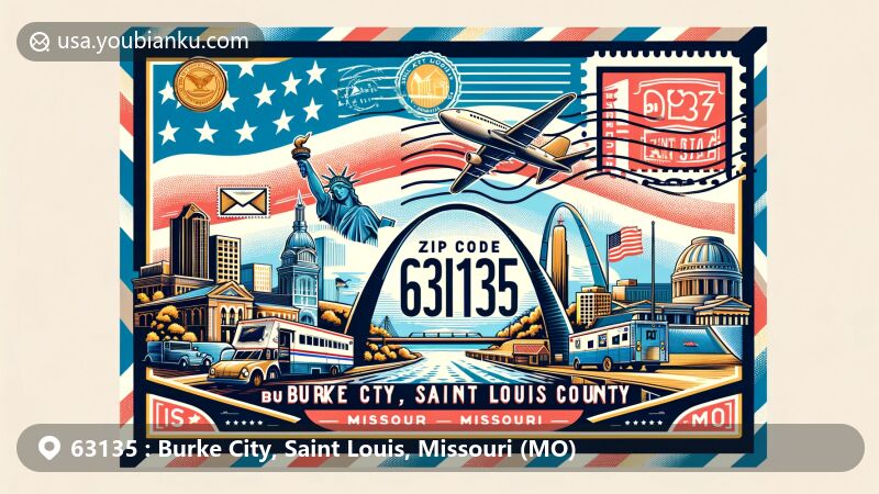 Modern illustration of Burke City, Saint Louis, Missouri, showcasing postal theme with ZIP code 63135, featuring vintage postcard design with Missouri state flag, Saint Louis County outline, and landmarks like Gateway Arch.