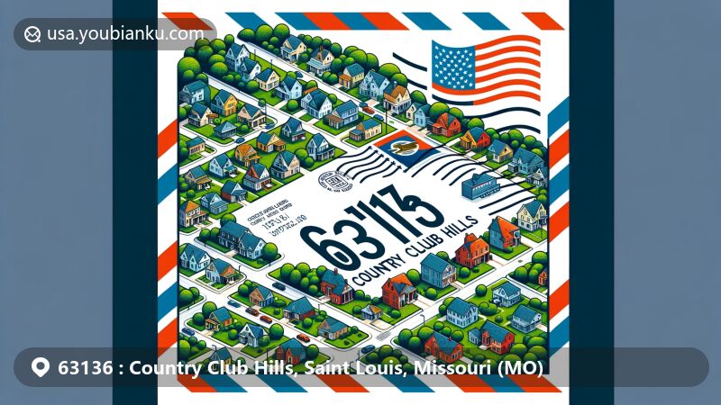 Modern illustration of Country Club Hills, Saint Louis, Missouri, depicting ZIP code 63136, showcasing compact community layout with residential areas, streets, and green spaces, overlaid on airmail envelope with Missouri state flag.