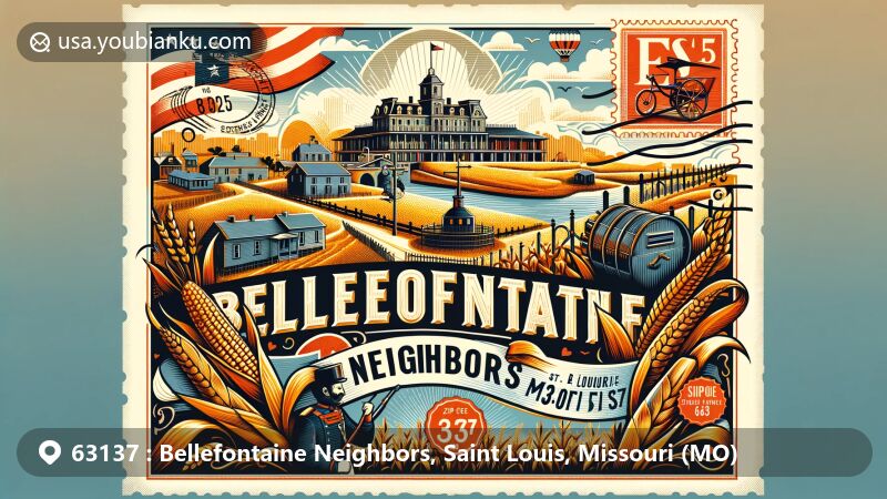 Modern illustration of Bellefontaine Neighbors, Missouri, focusing on historical and agricultural themes with Fort Bellefontaine, corn, and wheat motifs. Highlights the community, Bellefontaine Road towards St. Louis, and Missouri state symbols.