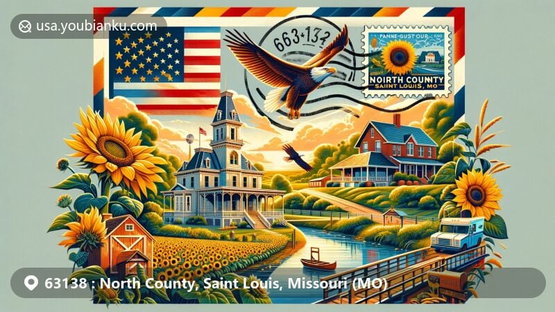 Modern illustration of North County, Saint Louis, Missouri, featuring iconic Payne-Gentry House, natural scenery with sunflowers, bald eagles, and the Mississippi River, and a vintage air mail envelope with postal theme.