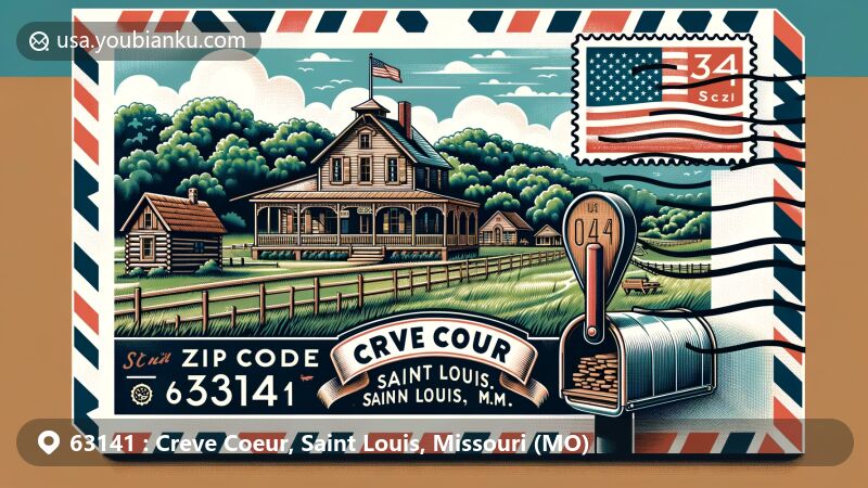 Modern illustration of Creve Coeur, Saint Louis, Missouri, showcasing Clester and Hackmann log cabins, Tappmeyer Farm House, and the city's natural beauty under clear skies, with integrated flag and a creative postal element highlighting ZIP code 63141.