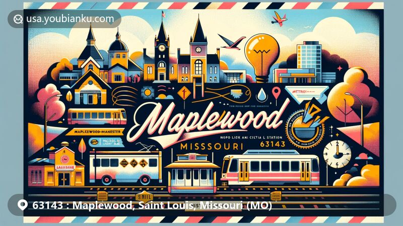 Modern illustration of Maplewood, Saint Louis County, Missouri, featuring cityscape and cultural diversity, with postal elements and MetroLink stations Maplewood-Manchester and Sunnen.