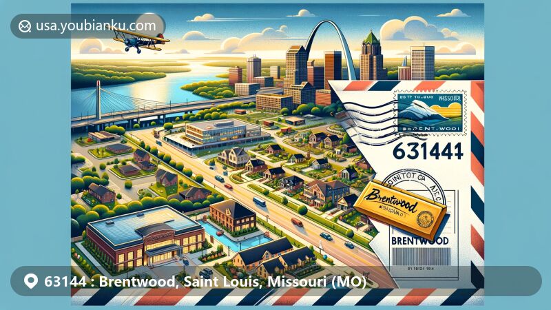 Modern illustration of Brentwood, Missouri, ZIP code 63144, featuring aerial view of residential neighborhoods, thriving business district, and postal theme with vintage air mail envelope addressed to 63144, embellished with Missouri state flag stamp.