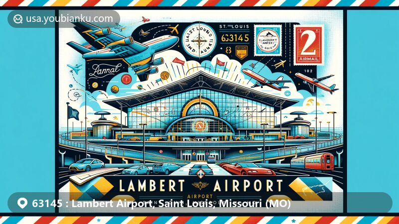 Modern illustration of Lambert Airport, Saint Louis, Missouri (MO), showcasing airmail theme with iconic airport features and postal elements, highlighting its historical significance and connection to aviation pioneers like Charles Lindbergh and Trans World Airlines.